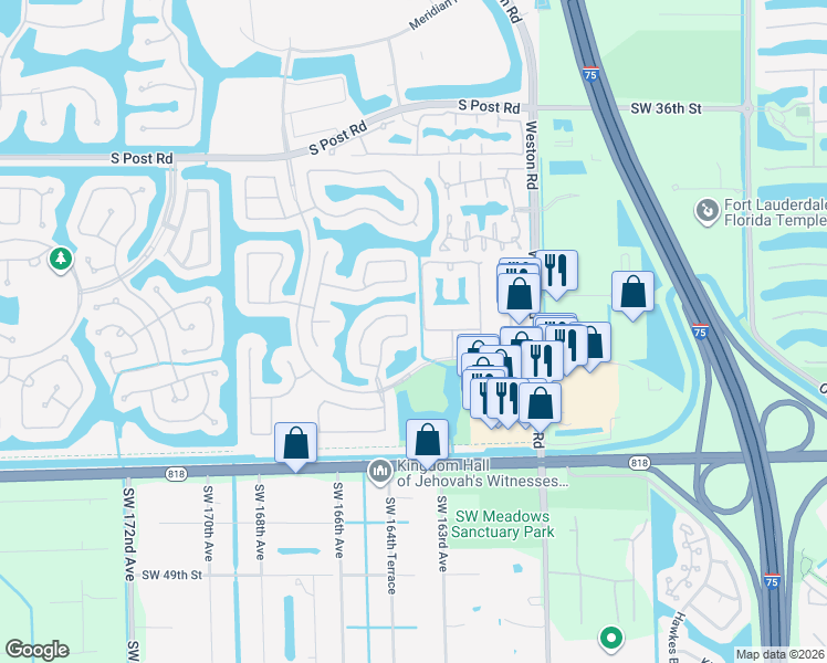 map of restaurants, bars, coffee shops, grocery stores, and more near 16310 Sapphire Drive in Weston