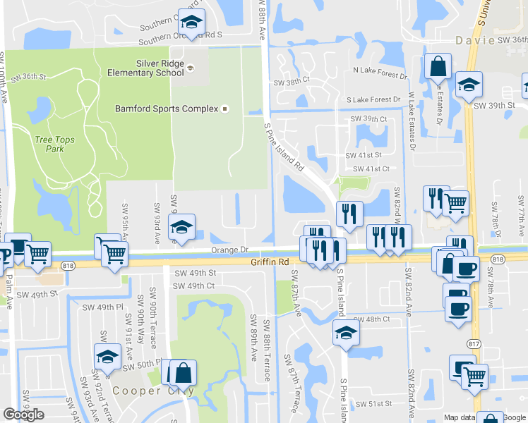 map of restaurants, bars, coffee shops, grocery stores, and more near 4440 Estates Road in Davie