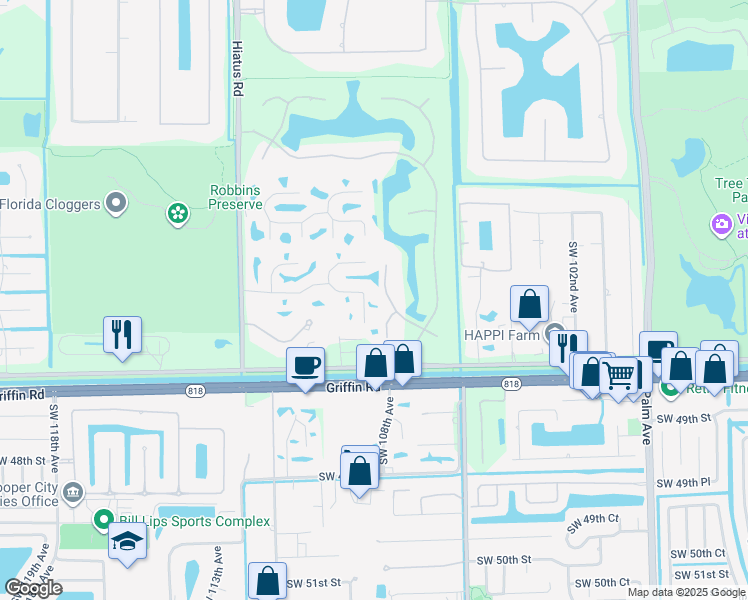 map of restaurants, bars, coffee shops, grocery stores, and more near 4260 Southwest 109th Avenue in Davie