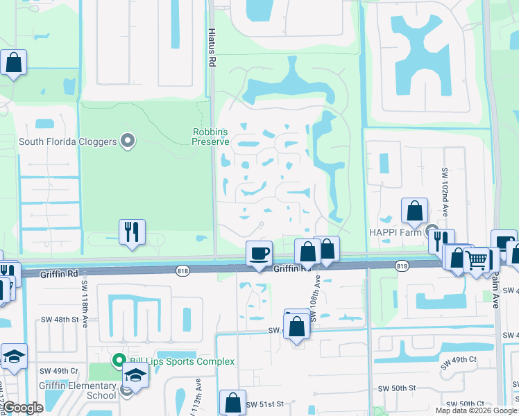 map of restaurants, bars, coffee shops, grocery stores, and more near 11030 Southwest 42nd Court in Davie