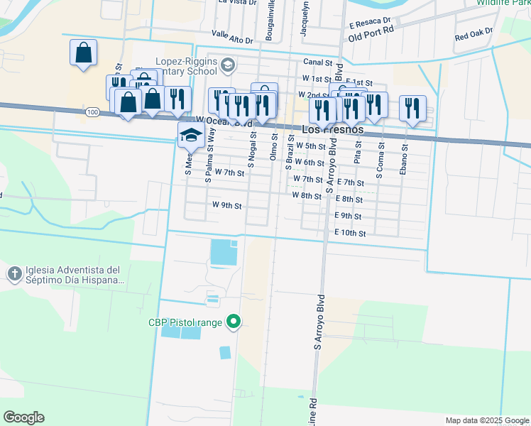 map of restaurants, bars, coffee shops, grocery stores, and more near 301 West 9th Street in Los Fresnos