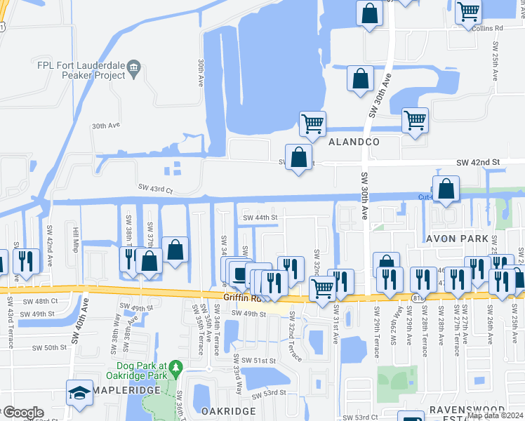 map of restaurants, bars, coffee shops, grocery stores, and more near 3341 Southwest 44th Street in Fort Lauderdale