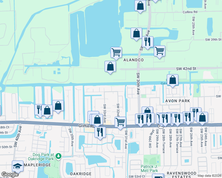 map of restaurants, bars, coffee shops, grocery stores, and more near 3271 Southwest 44th Street in Fort Lauderdale