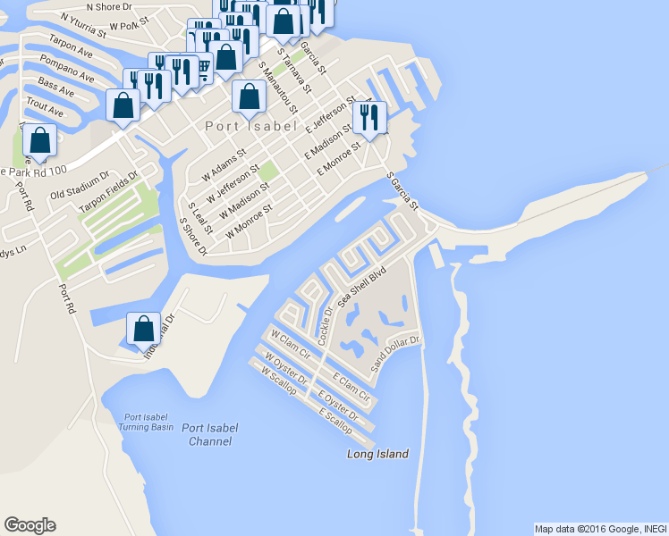 map of restaurants, bars, coffee shops, grocery stores, and more near 235 Conch Drive in Port Isabel