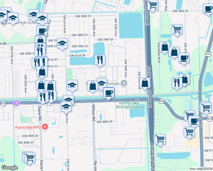 map of restaurants, bars, coffee shops, grocery stores, and more near 4399 Southwest 56th Avenue in Davie