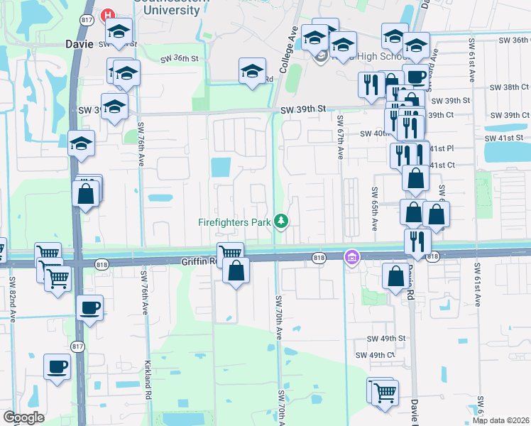 map of restaurants, bars, coffee shops, grocery stores, and more near 4349 Southwest 70th Terrace in Davie