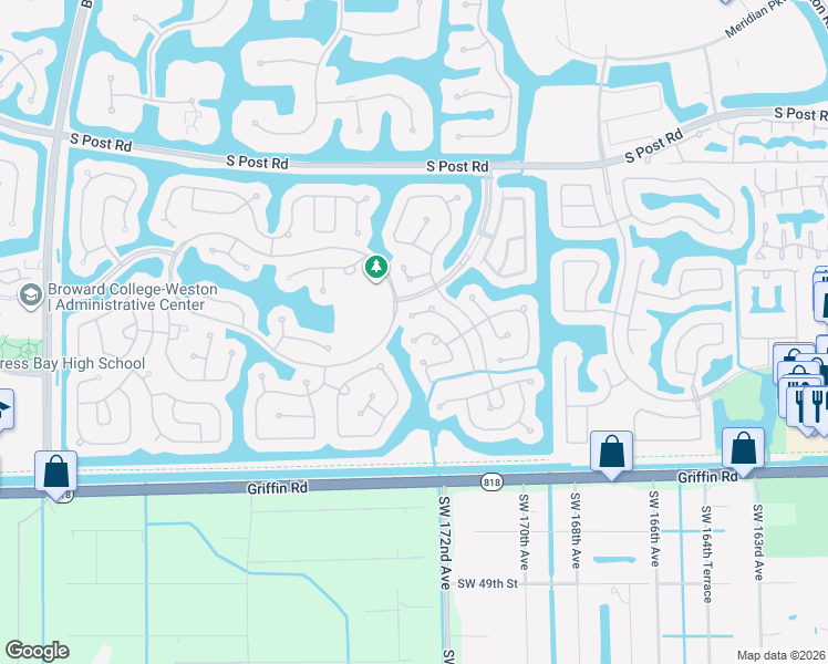 map of restaurants, bars, coffee shops, grocery stores, and more near 4340 Pine Ridge Court in Weston