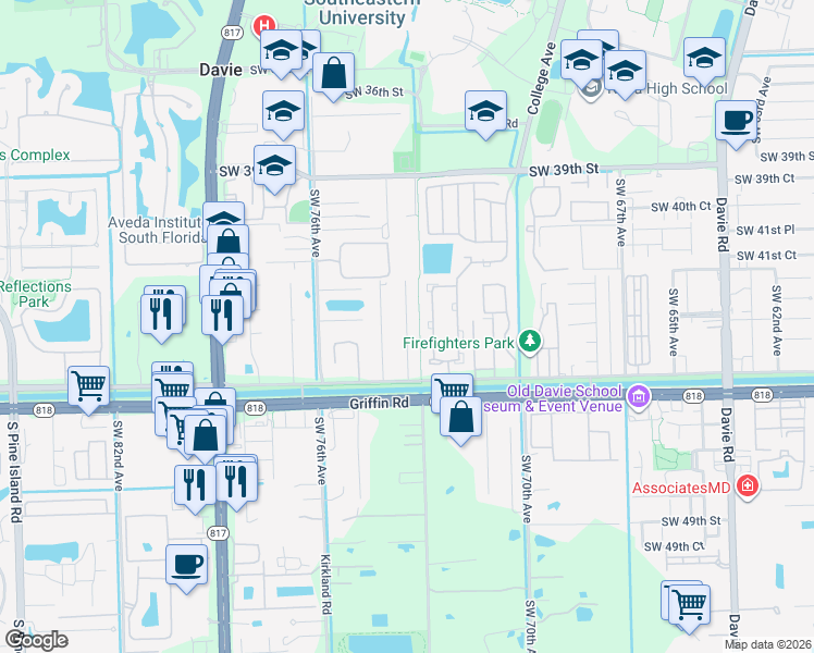 map of restaurants, bars, coffee shops, grocery stores, and more near 4320 Southwest 74th Avenue in Davie