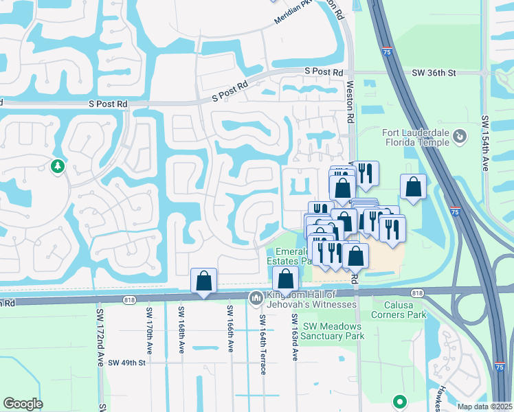 map of restaurants, bars, coffee shops, grocery stores, and more near 16409 Sapphire Drive in Weston