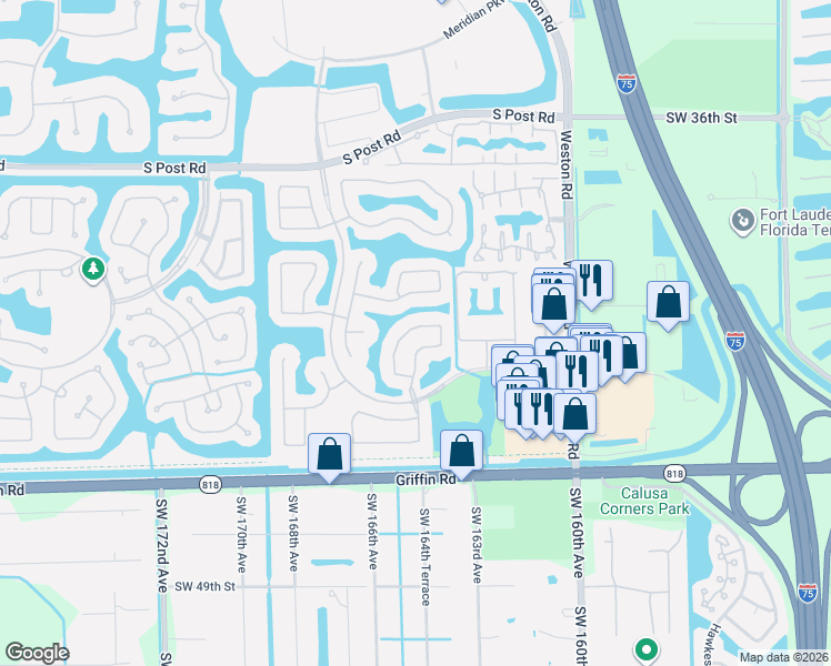 map of restaurants, bars, coffee shops, grocery stores, and more near 16409 Sapphire Drive in Weston
