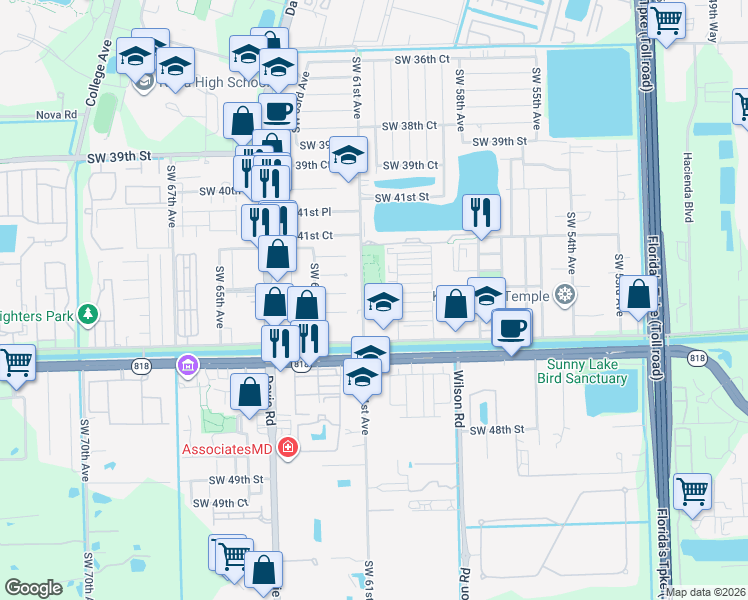 map of restaurants, bars, coffee shops, grocery stores, and more near 4400 Southwest 61st Avenue in Davie