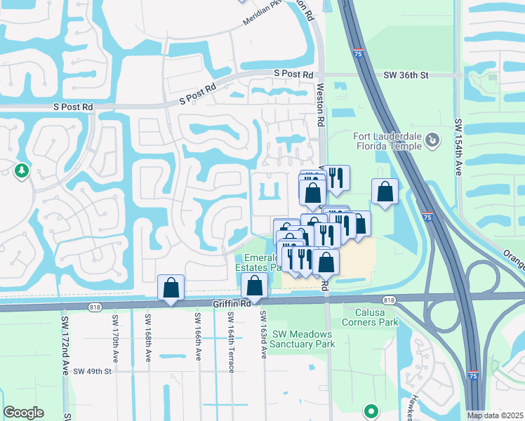 map of restaurants, bars, coffee shops, grocery stores, and more near 16101 Emerald Estates Drive in Weston