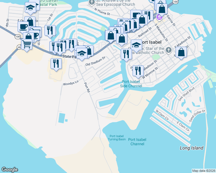 map of restaurants, bars, coffee shops, grocery stores, and more near 342 Bahia Drive in Port Isabel