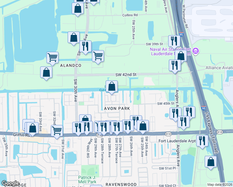 map of restaurants, bars, coffee shops, grocery stores, and more near 4424 Southwest 27th Avenue in Fort Lauderdale
