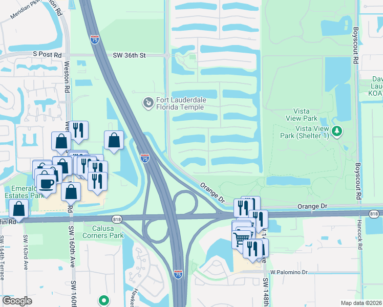 map of restaurants, bars, coffee shops, grocery stores, and more near 15234 Southwest 40th Street in Davie
