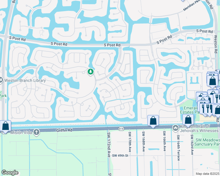 map of restaurants, bars, coffee shops, grocery stores, and more near 4097 Pine Ridge Lane in Weston