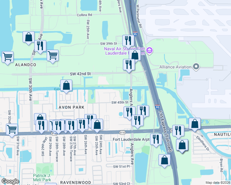 map of restaurants, bars, coffee shops, grocery stores, and more near 2257 Southwest 44th Street in Fort Lauderdale