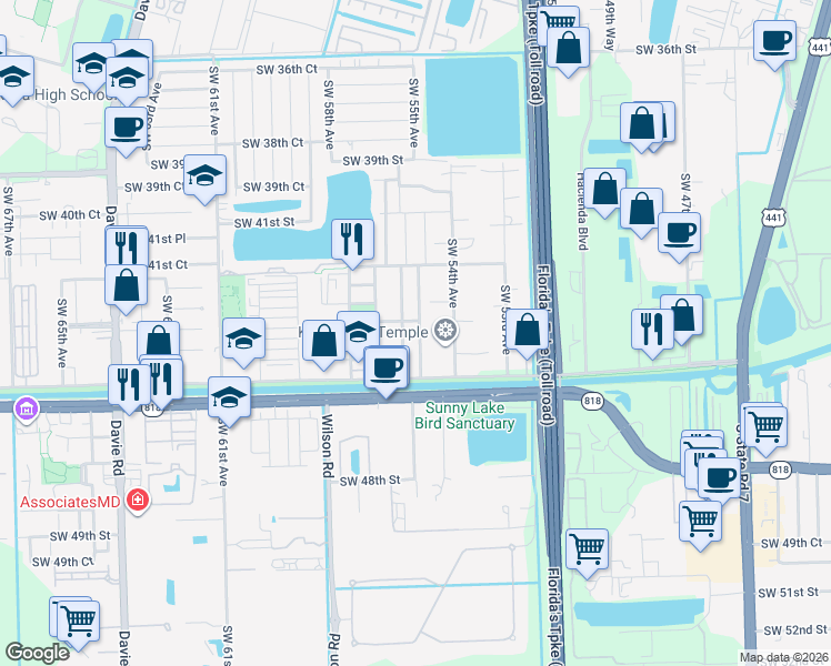 map of restaurants, bars, coffee shops, grocery stores, and more near 4335 Southwest 55th Avenue in Davie