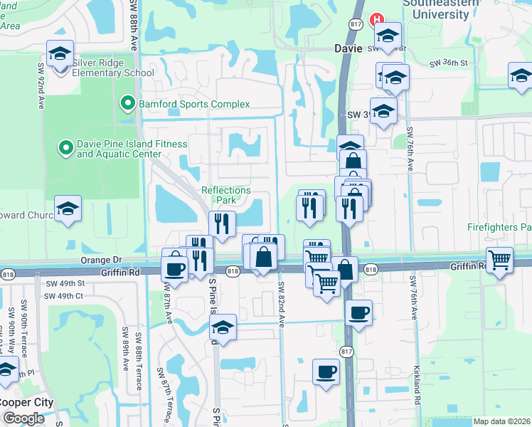 map of restaurants, bars, coffee shops, grocery stores, and more near 8301 Southwest 44th Place in Davie