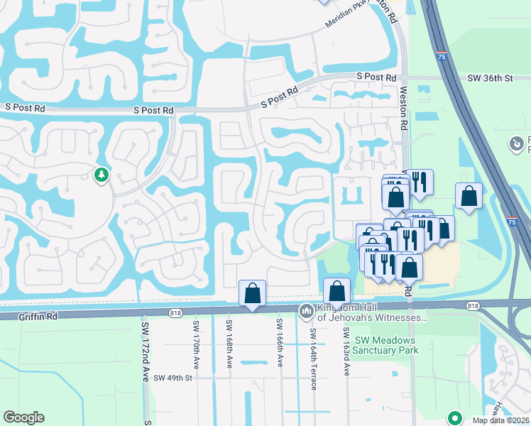 map of restaurants, bars, coffee shops, grocery stores, and more near 4153 Sapphire Terrace in Weston