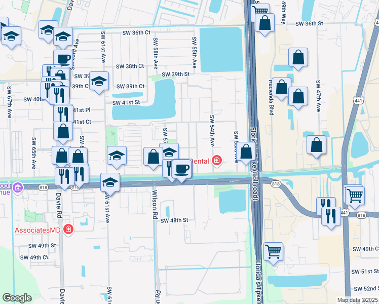 map of restaurants, bars, coffee shops, grocery stores, and more near 4399 Southwest 56th Avenue in Davie