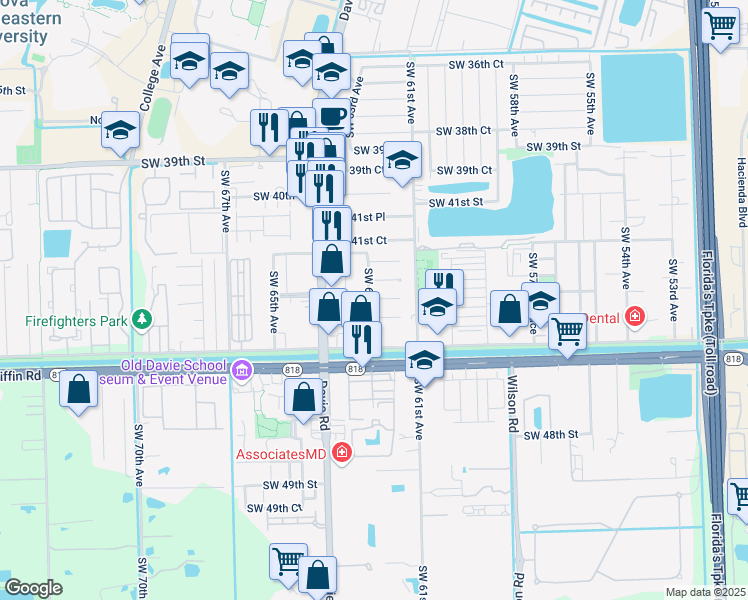 map of restaurants, bars, coffee shops, grocery stores, and more near 4341 Southwest 62nd Avenue in Davie