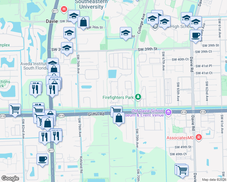 map of restaurants, bars, coffee shops, grocery stores, and more near 4405 Southwest 72nd Terrace in Davie