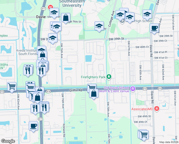 map of restaurants, bars, coffee shops, grocery stores, and more near 4405 Southwest 72nd Terrace in Davie