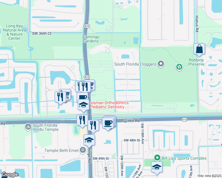 map of restaurants, bars, coffee shops, grocery stores, and more near 11937 Green Oak Drive in Davie