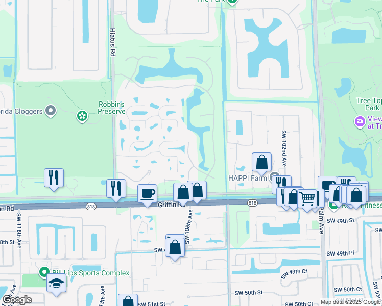 map of restaurants, bars, coffee shops, grocery stores, and more near 4260 Southwest 109th Avenue in Davie