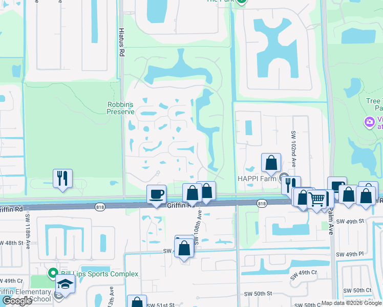 map of restaurants, bars, coffee shops, grocery stores, and more near 4260 Southwest 109th Avenue in Davie