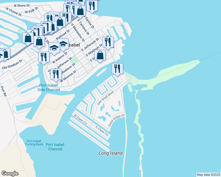 map of restaurants, bars, coffee shops, grocery stores, and more near 22 Conch Drive in Port Isabel