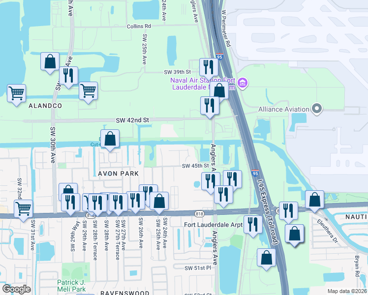 map of restaurants, bars, coffee shops, grocery stores, and more near 2257 Southwest 44th Street in Fort Lauderdale