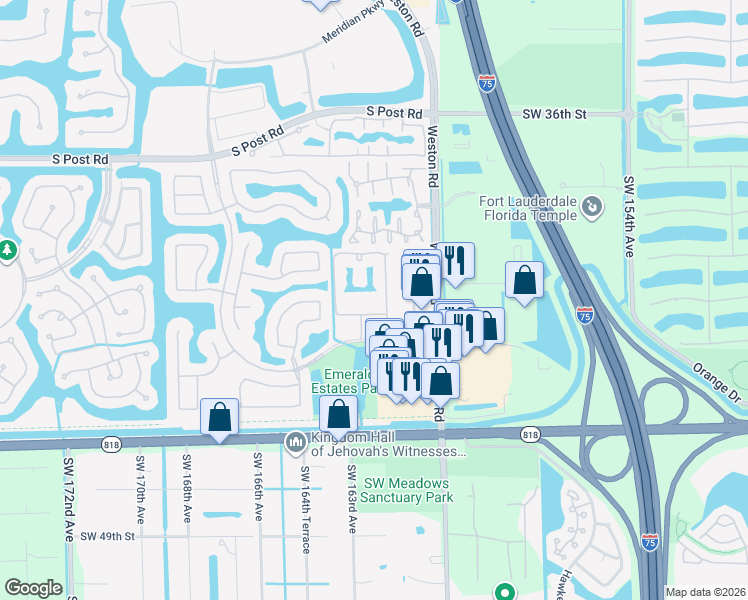 map of restaurants, bars, coffee shops, grocery stores, and more near 16101 Emerald Estates Drive in Weston