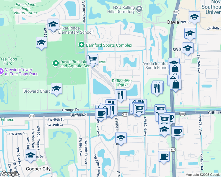 map of restaurants, bars, coffee shops, grocery stores, and more near 4261 South Pine Island Road in Davie