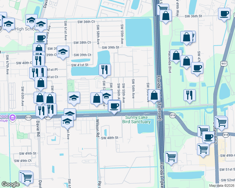 map of restaurants, bars, coffee shops, grocery stores, and more near 4291 Southwest 56th Avenue in Davie
