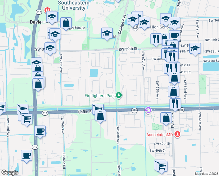 map of restaurants, bars, coffee shops, grocery stores, and more near 4229 Southwest 70th Terrace in Davie