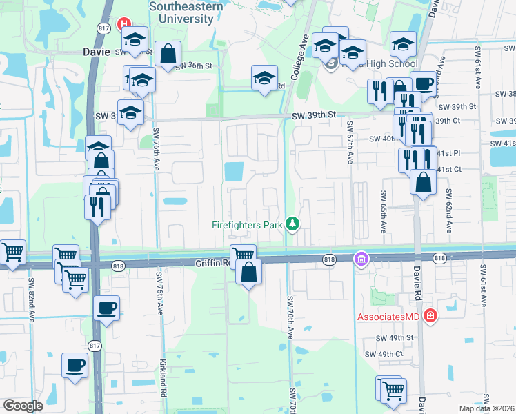 map of restaurants, bars, coffee shops, grocery stores, and more near 4234 Southwest 72nd Way in Davie