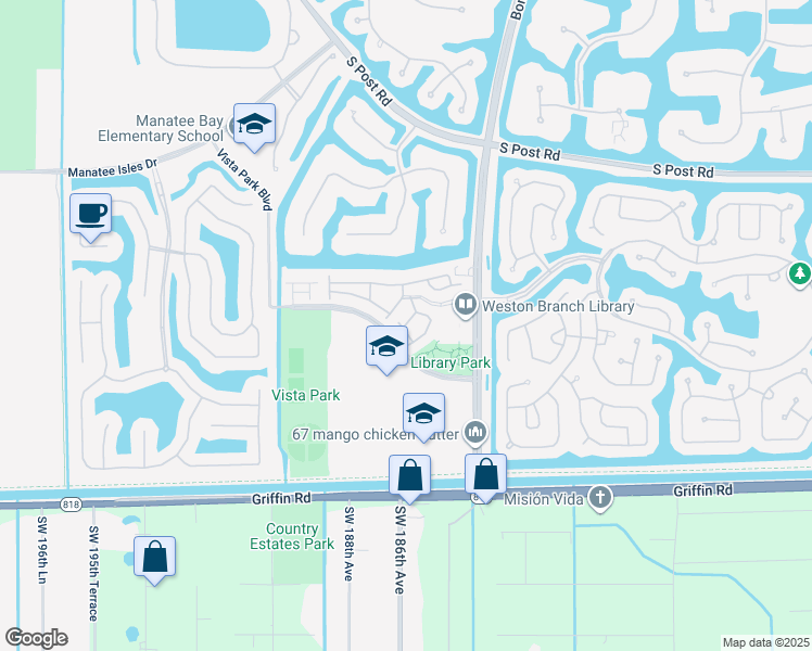 map of restaurants, bars, coffee shops, grocery stores, and more near 4101 Forest Drive in Weston