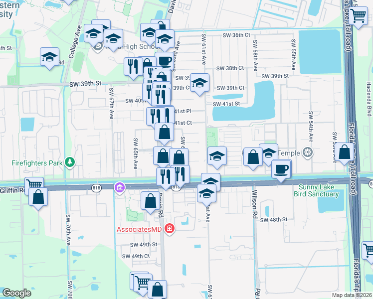 map of restaurants, bars, coffee shops, grocery stores, and more near 6185 Southwest 43rd Street in Davie