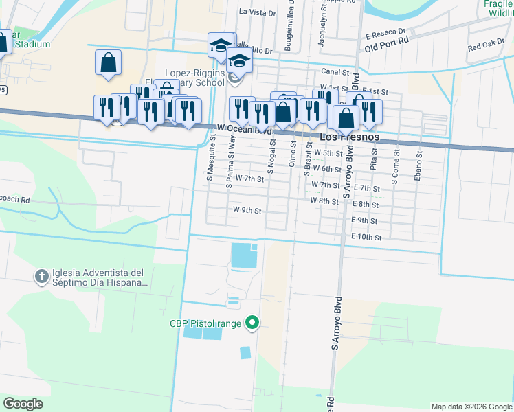 map of restaurants, bars, coffee shops, grocery stores, and more near 406 W 8th St in Los Fresnos