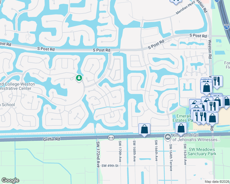 map of restaurants, bars, coffee shops, grocery stores, and more near 4114 Sabal Ridge Circle in Weston