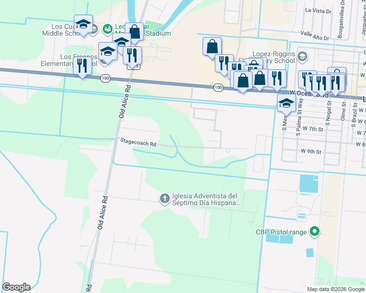 map of restaurants, bars, coffee shops, grocery stores, and more near 32913 Stagecoach Rd in Los Fresnos