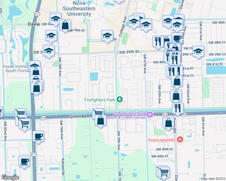 map of restaurants, bars, coffee shops, grocery stores, and more near 4229 Southwest 70th Terrace in Davie