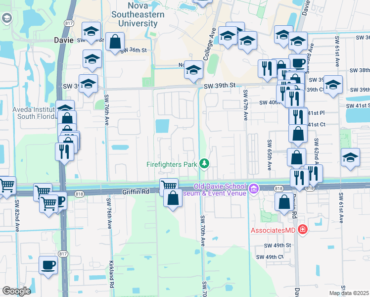 map of restaurants, bars, coffee shops, grocery stores, and more near 4229 Southwest 70th Terrace in Davie