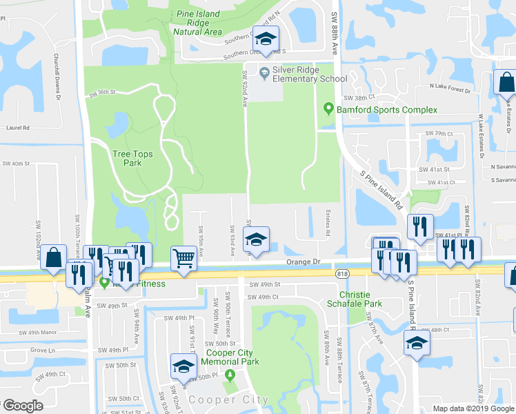 map of restaurants, bars, coffee shops, grocery stores, and more near 4250 Southwest 92nd Avenue in Davie