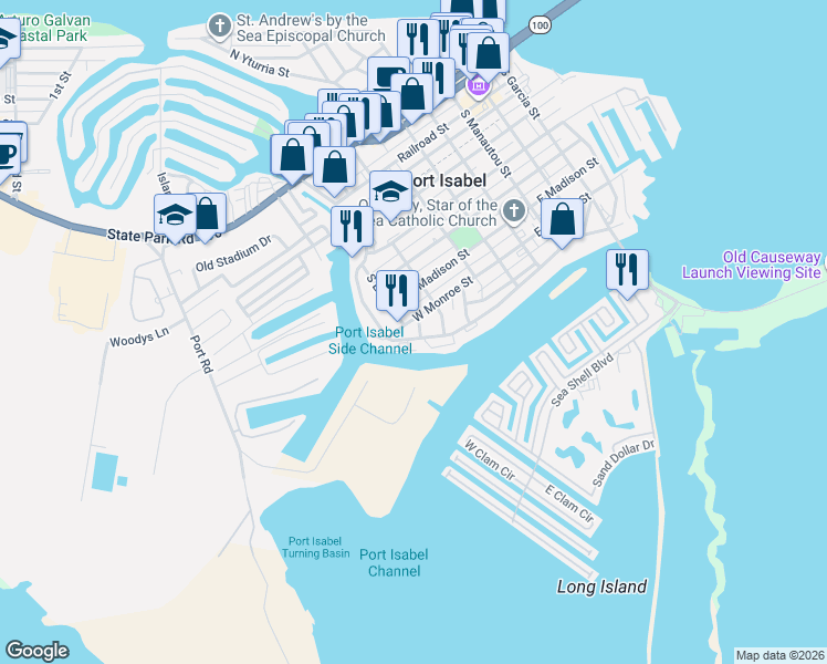 map of restaurants, bars, coffee shops, grocery stores, and more near 310 S Leal St in Port Isabel
