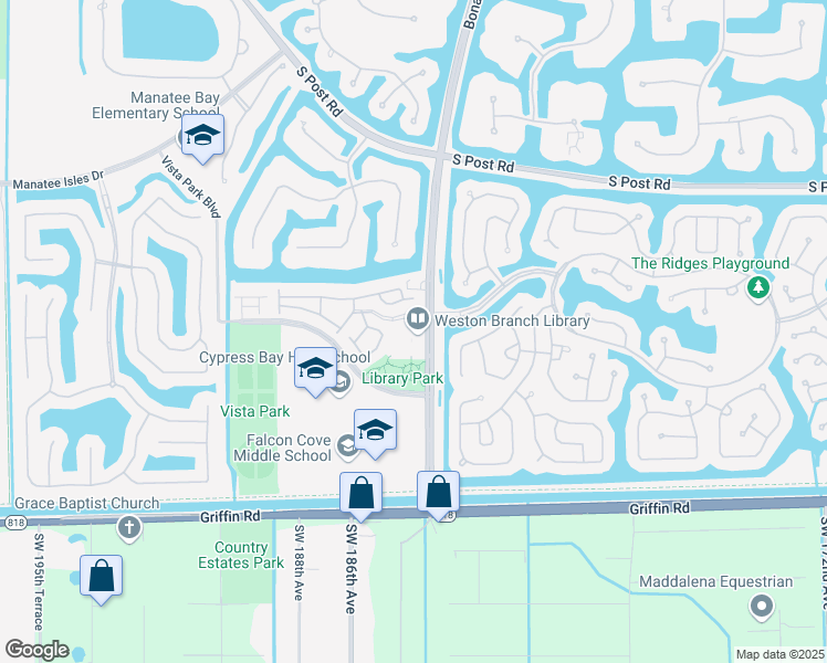 map of restaurants, bars, coffee shops, grocery stores, and more near 4205 Bonaventure Boulevard in Weston