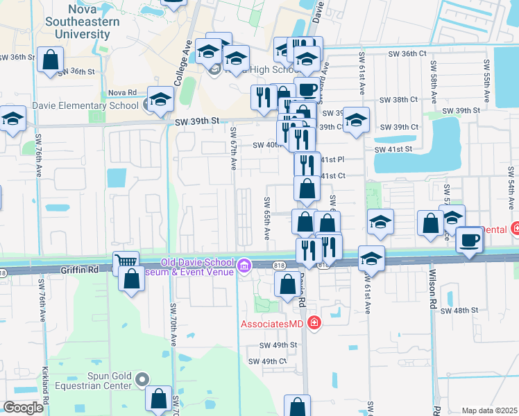 map of restaurants, bars, coffee shops, grocery stores, and more near 6591 Orange Drive in Davie