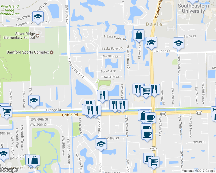 map of restaurants, bars, coffee shops, grocery stores, and more near 4352 South Pine Island Road in Davie